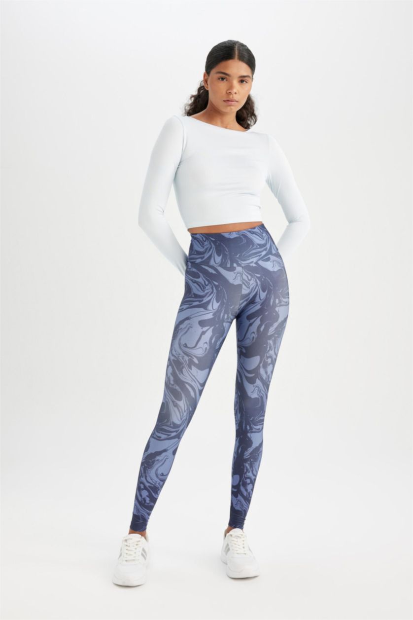 Kadın İndigo Desenli Beli Saran Sporcu Tayt