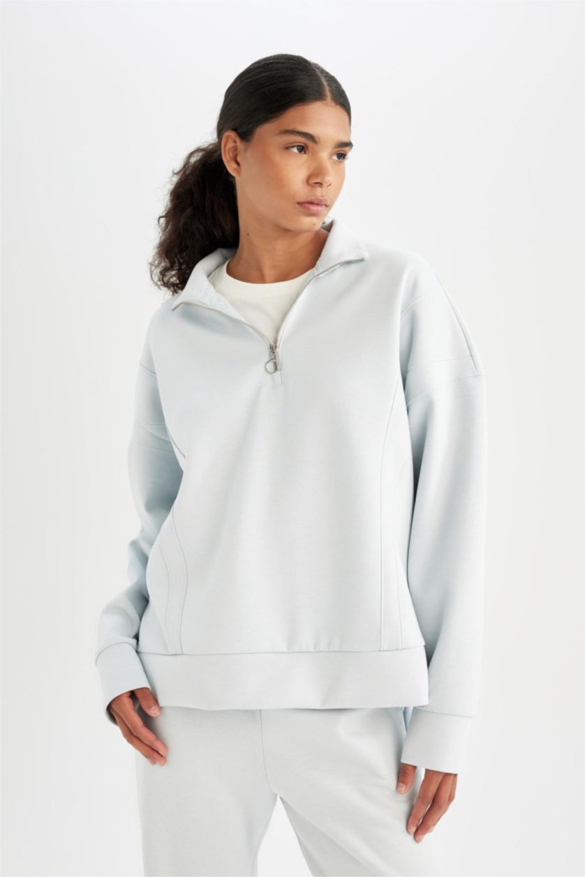 Woman Light Blue DeFactoFit Oversize Fit Scuba Fabric Sports Sweatshirt