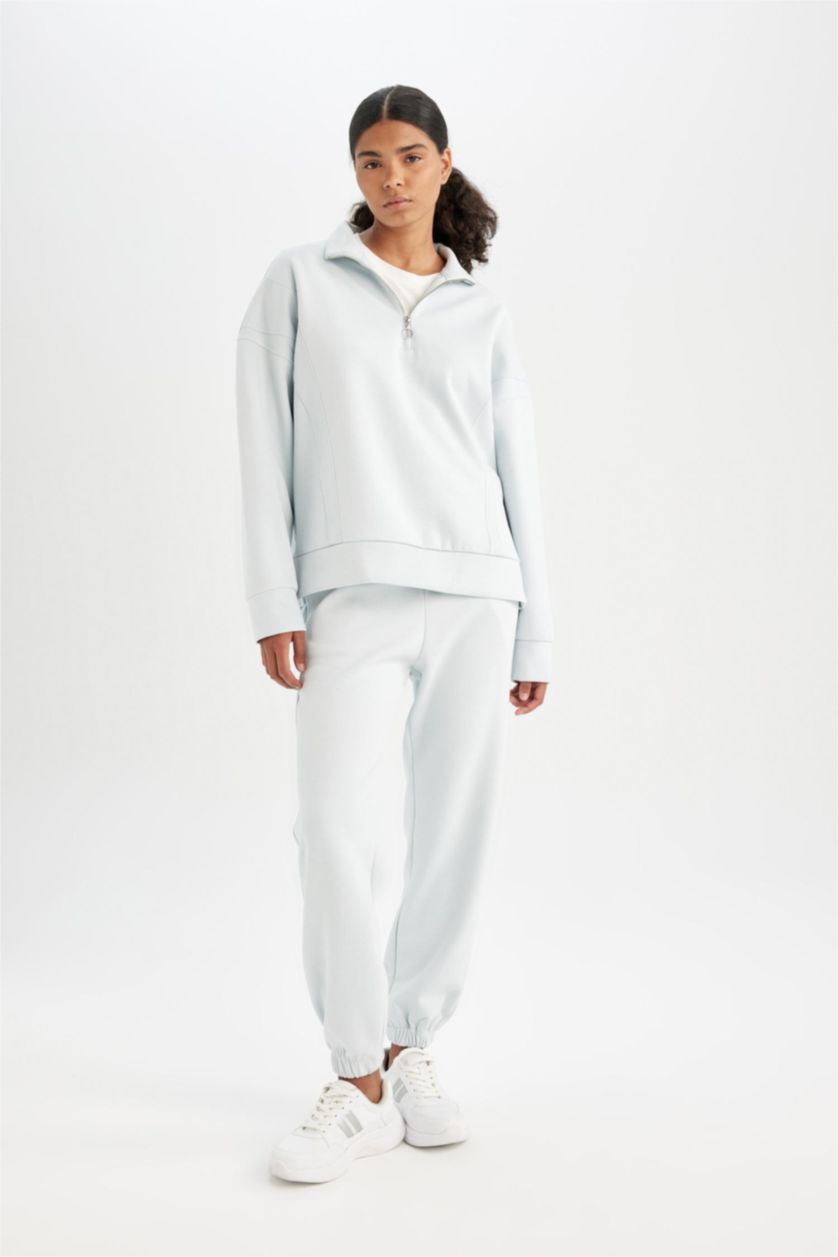 Woman Light Blue DeFactoFit Oversize Fit Scuba Fabric Sports Sweatshirt