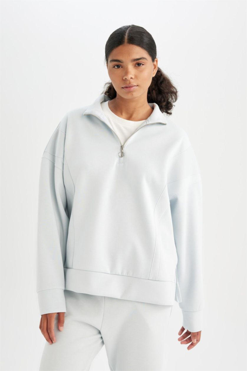 Woman Light Blue DeFactoFit Oversize Fit Scuba Fabric Sports Sweatshirt