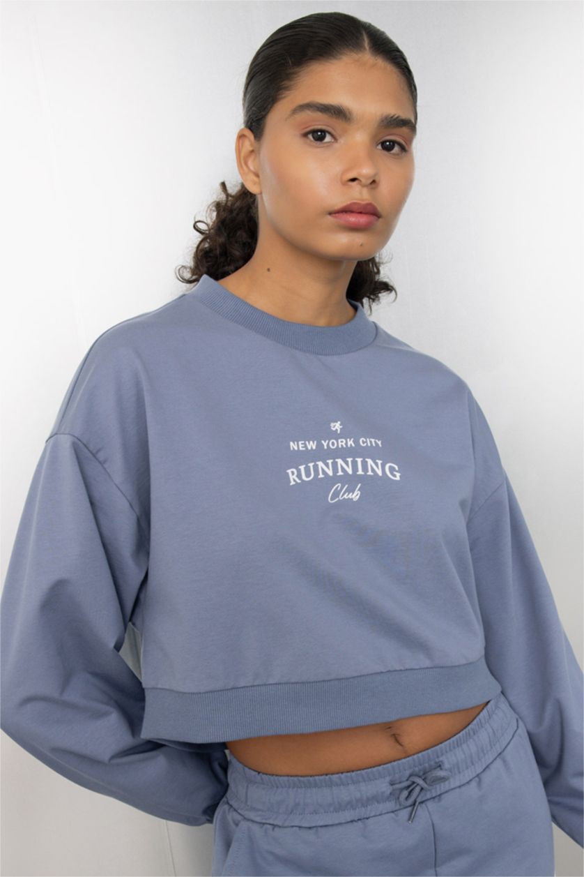 Woman Indigo DeFactoFit Oversize Fit Crew Neck Printed Sports Sweatshirt
