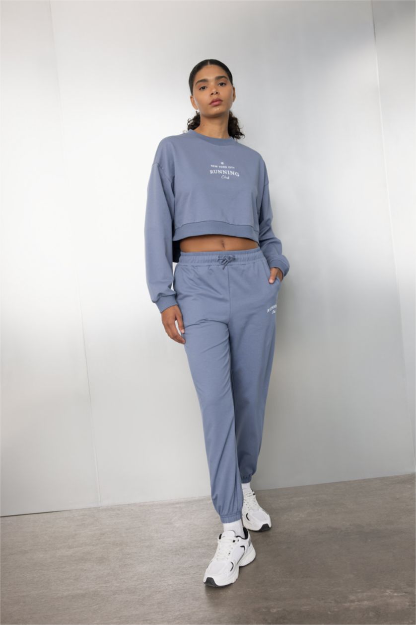 Woman Indigo DeFactoFit Oversize Fit Crew Neck Printed Sports Sweatshirt