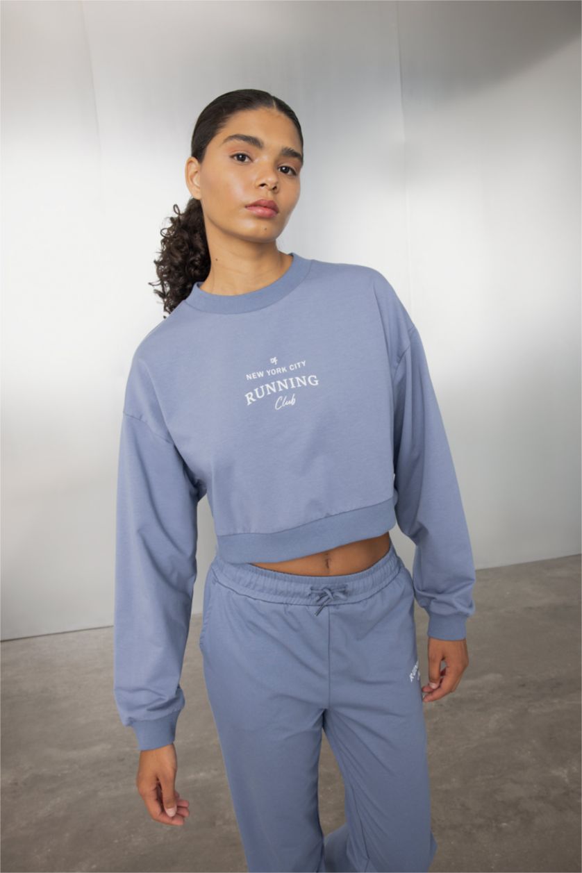 Woman Indigo DeFactoFit Oversize Fit Crew Neck Printed Sports Sweatshirt