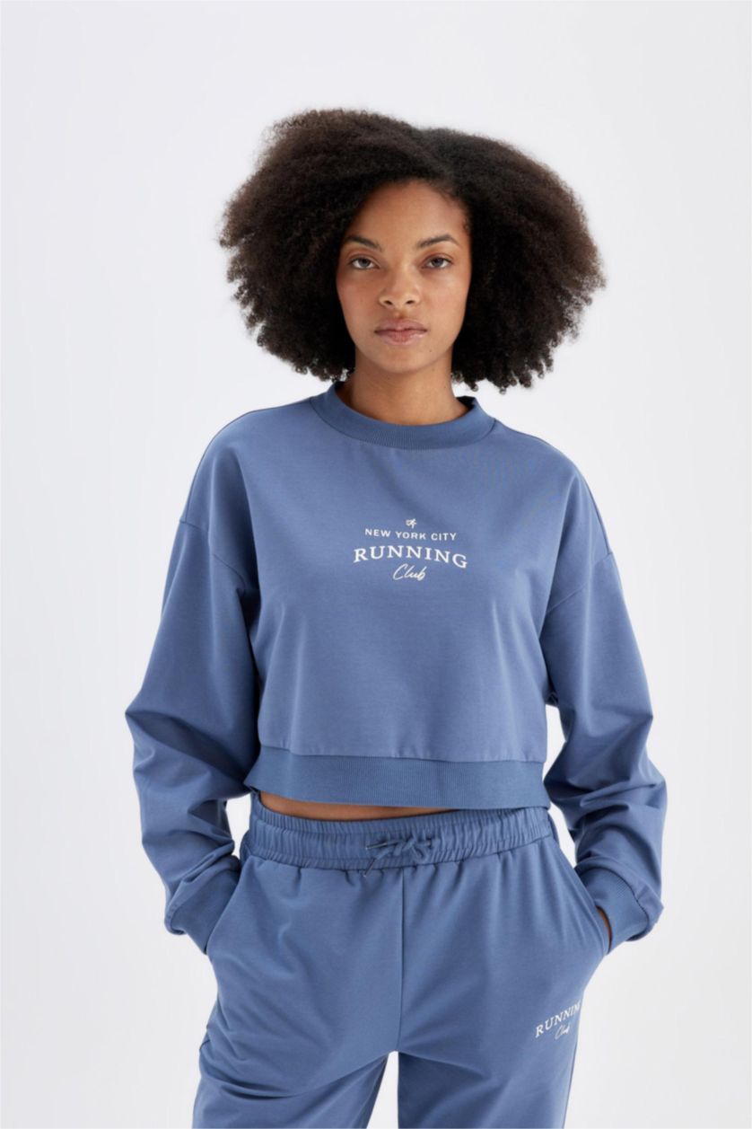 Woman Indigo DeFactoFit Oversize Fit Crew Neck Printed Sports Sweatshirt