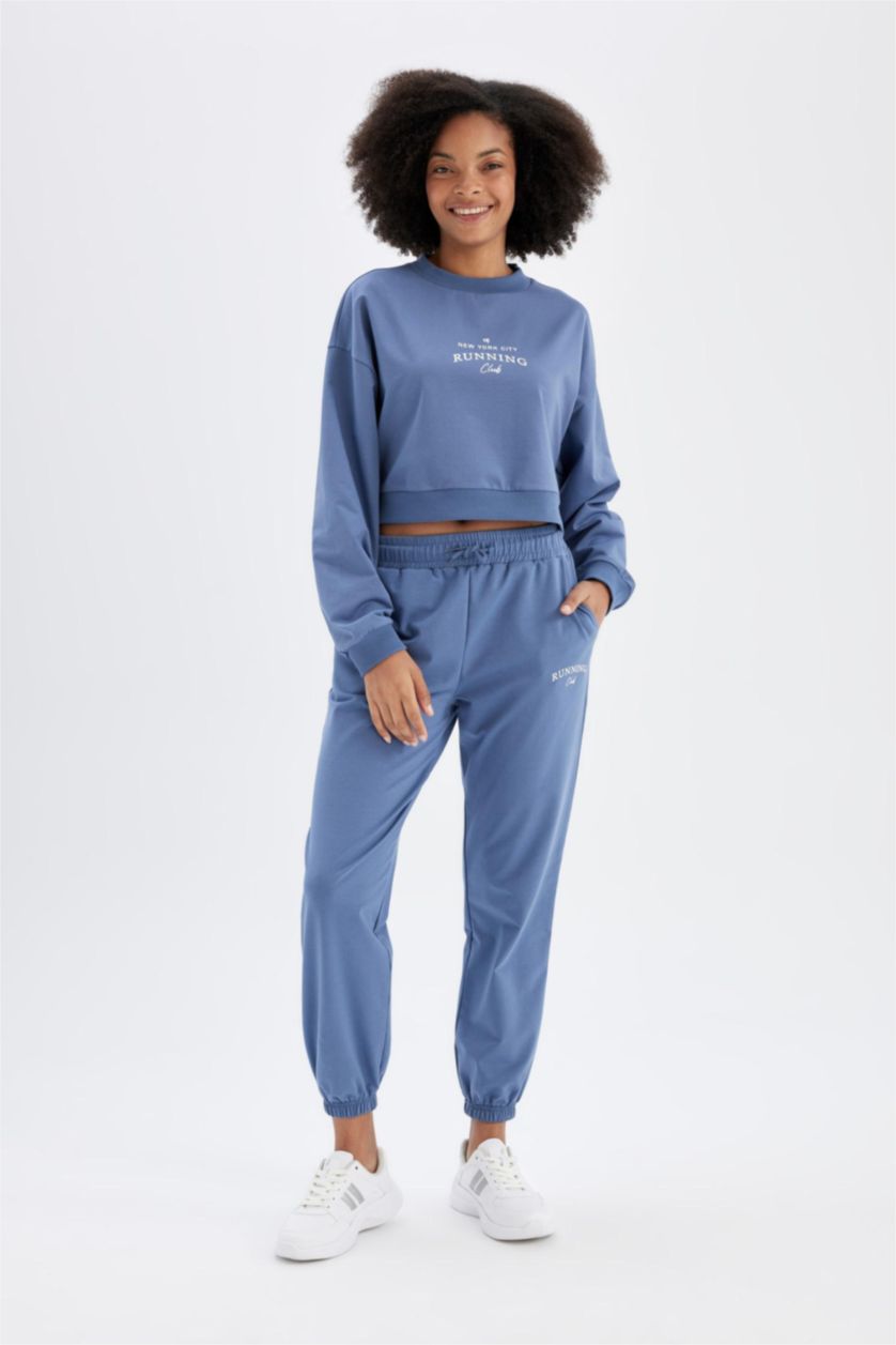 Woman Indigo DeFactoFit Oversize Fit Crew Neck Printed Sports Sweatshirt