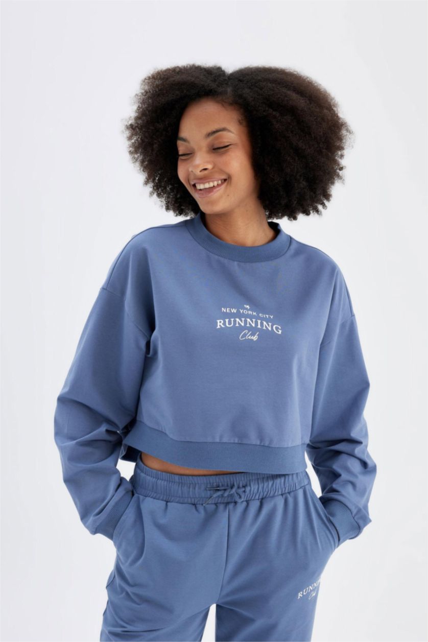 Woman Indigo DeFactoFit Oversize Fit Crew Neck Printed Sports Sweatshirt