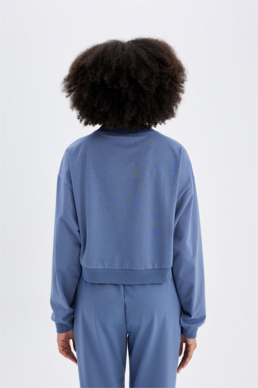 Woman Indigo DeFactoFit Oversize Fit Crew Neck Printed Sports Sweatshirt