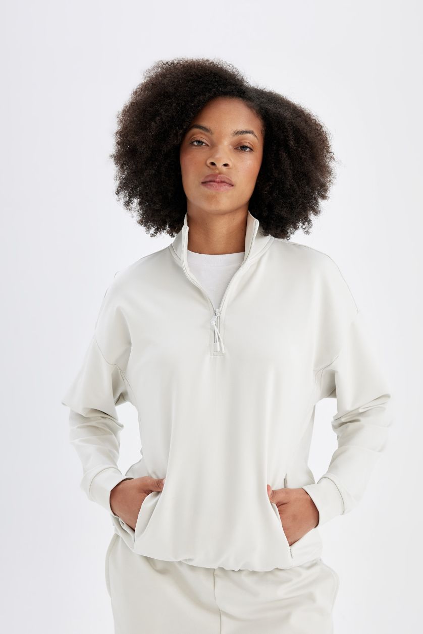 WOMAN Stone Loose Fit Stand Collar Zip-Up Sports Sweatshirt