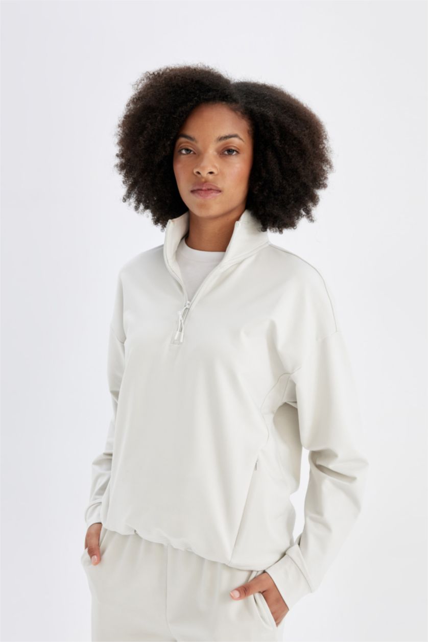 WOMAN Stone Loose Fit Stand Collar Zip-Up Sports Sweatshirt