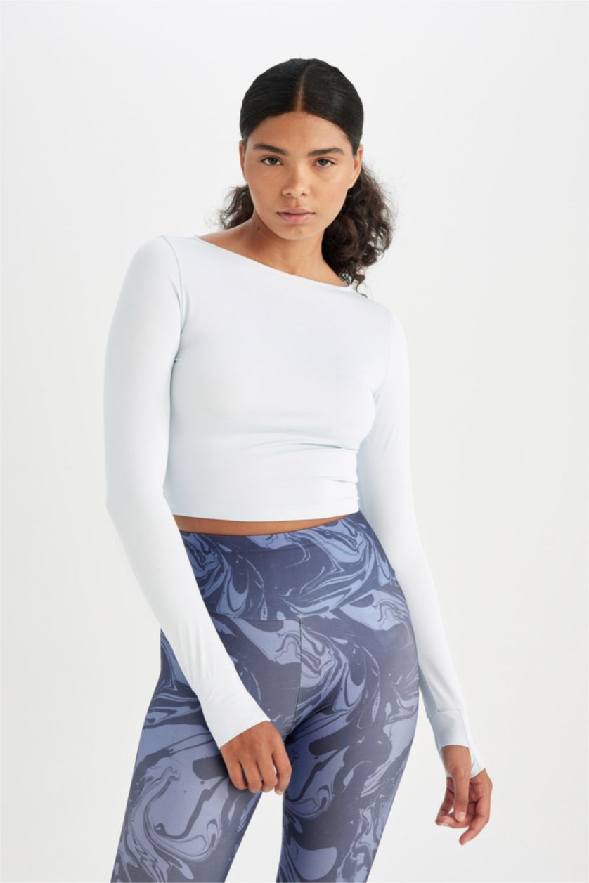 Kadın Açık Mavi DeFactoFit Crop Bisiklet Yaka Sporcu Uzun Kollu Tişört