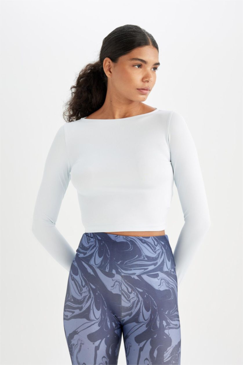 Kadın Açık Mavi DeFactoFit Crop Bisiklet Yaka Sporcu Uzun Kollu Tişört
