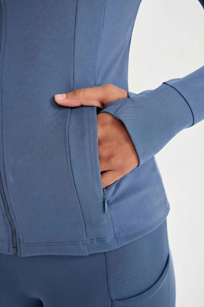 Kadın İndigo Slim Fit Dar Kesim Fermuarlı Sporcu Hırka