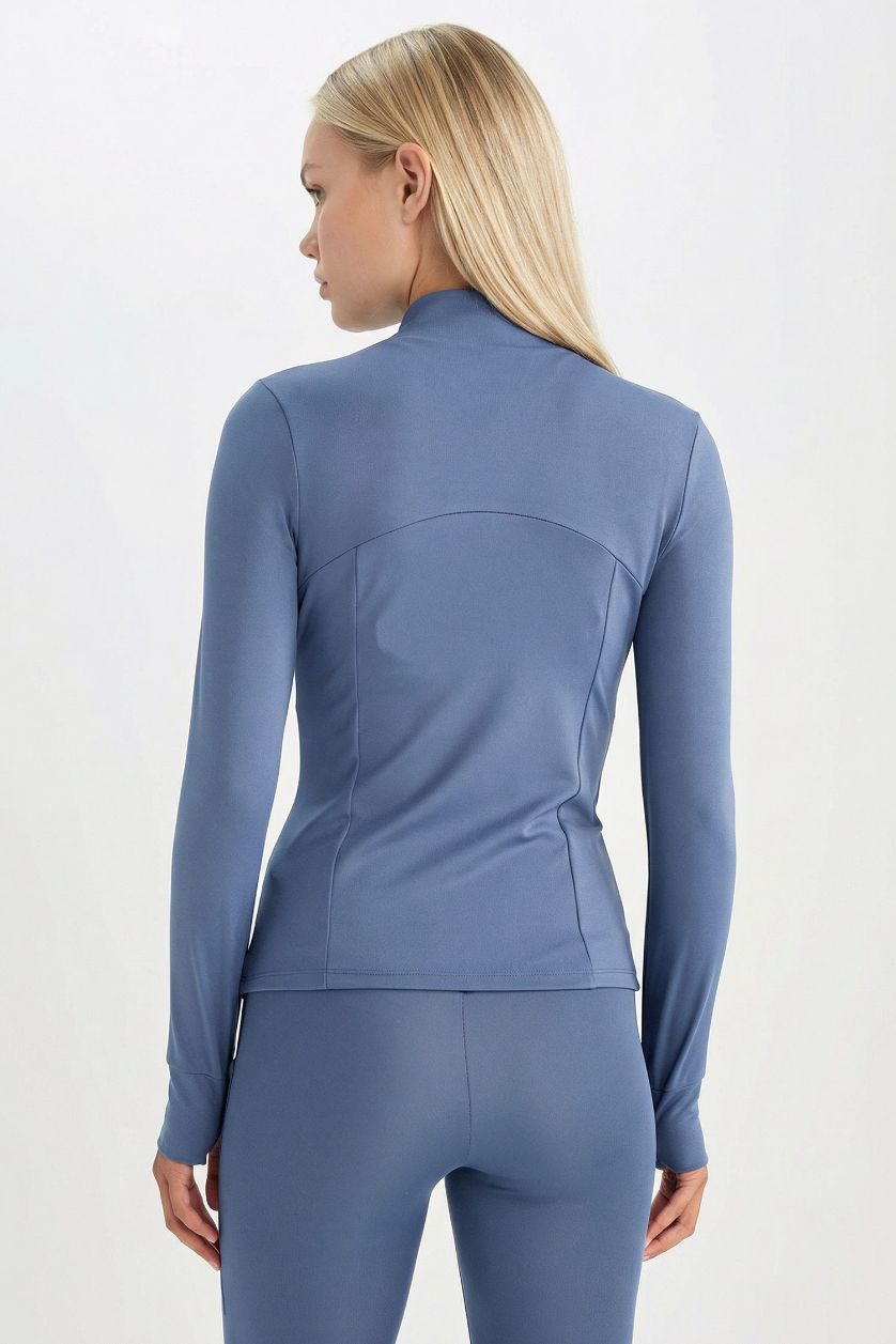 Kadın İndigo Slim Fit Dar Kesim Fermuarlı Sporcu Hırka