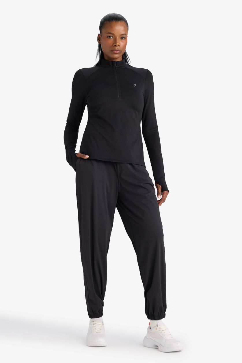 Kadın Siyah Standart Fit Paçası Fermuarlı Jogger Premium Sporcu Eşofman Altı