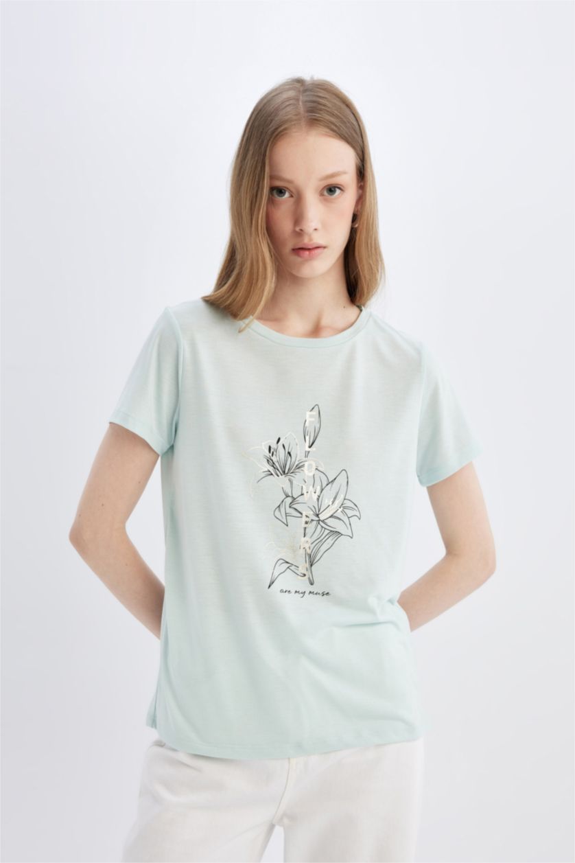 Kadın Mint Regular Fit Bisiklet Yaka Baskılı Kısa Kollu Tişört