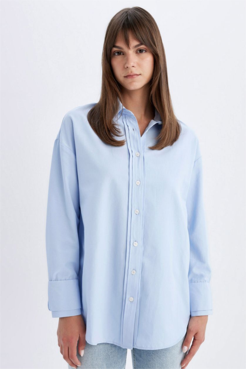 Woman Blue Relax Fit Poplin Long Sleeve Shirt Tunic