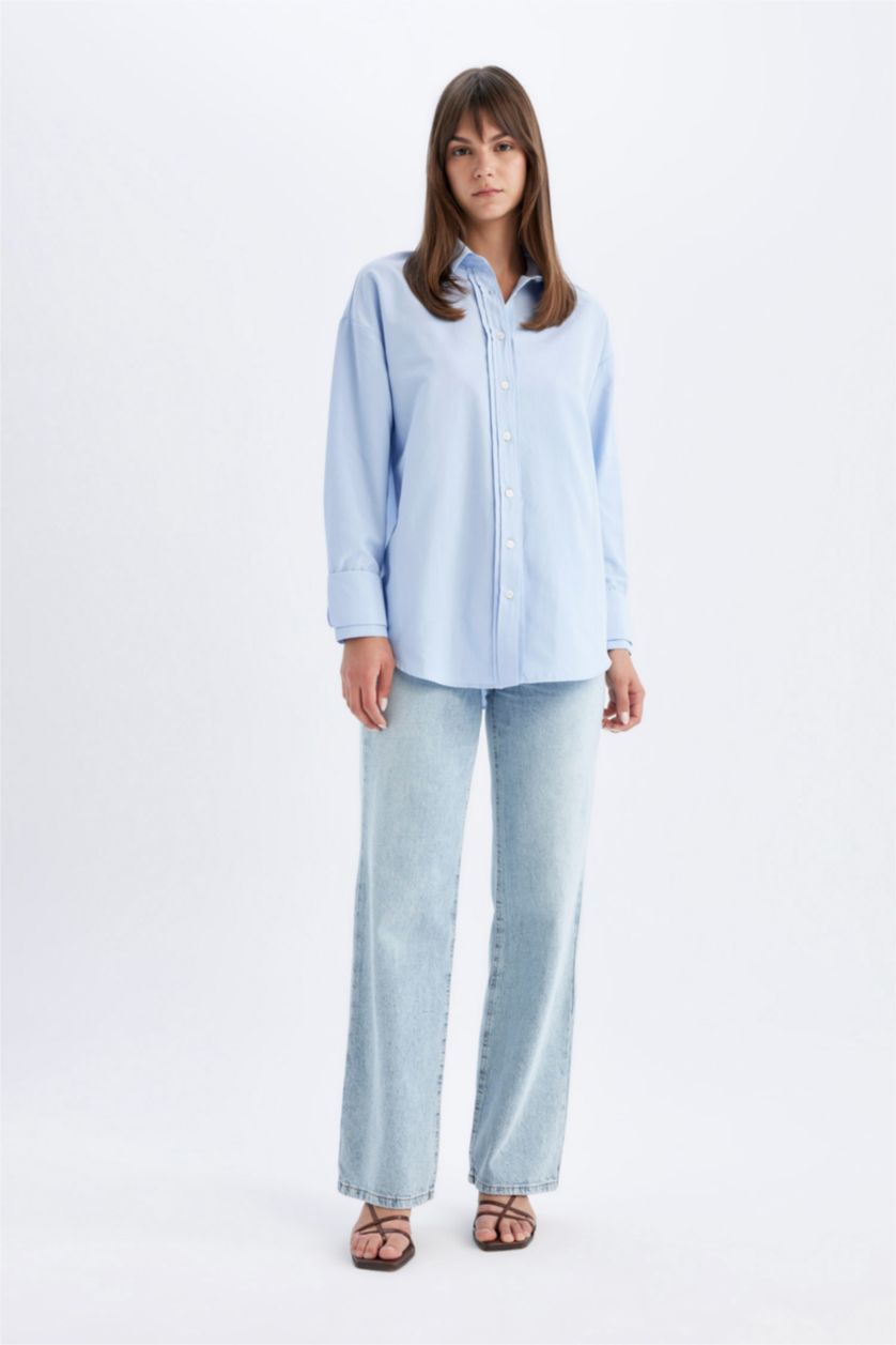 Woman Blue Relax Fit Poplin Long Sleeve Shirt Tunic