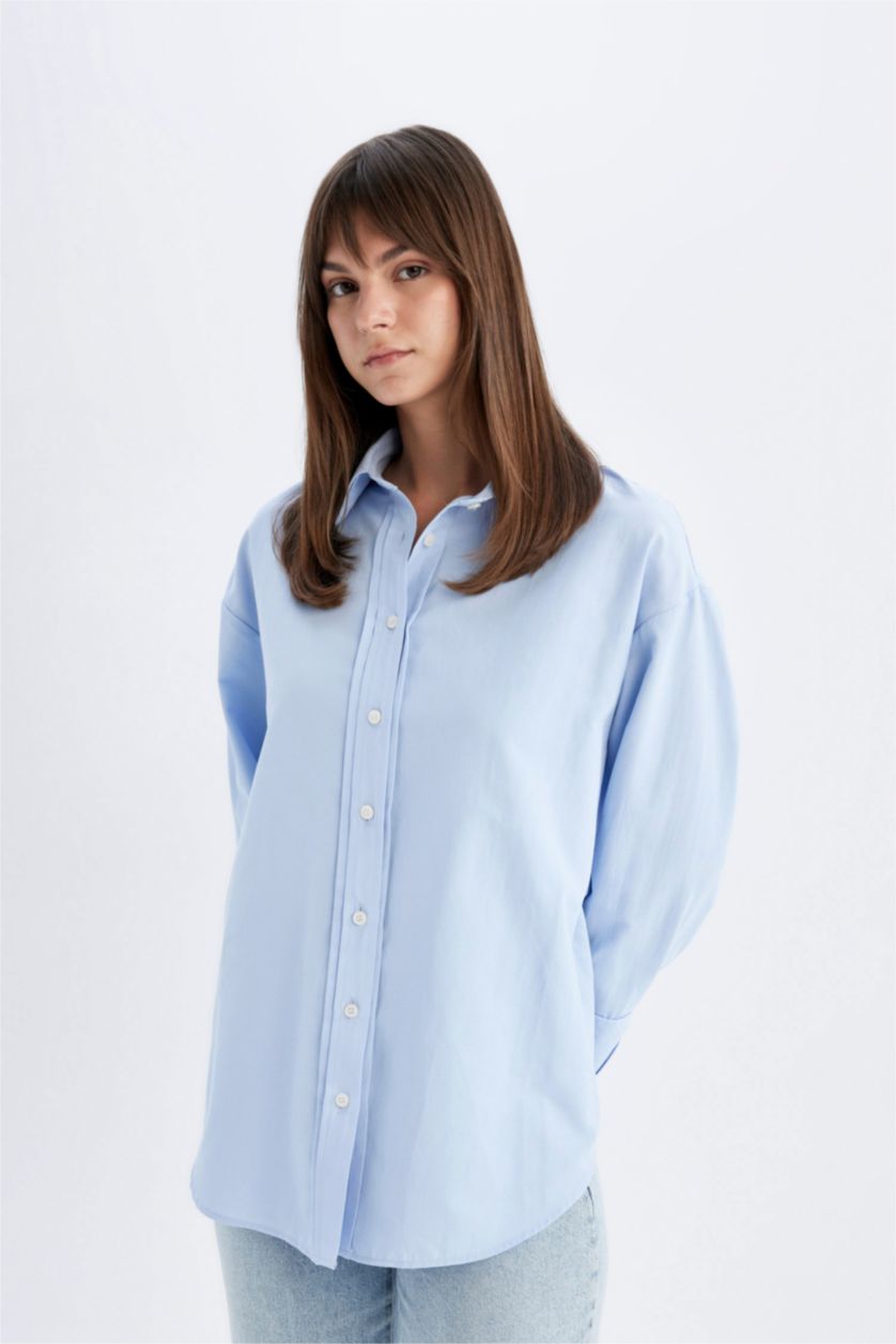 Woman Blue Relax Fit Poplin Long Sleeve Shirt Tunic
