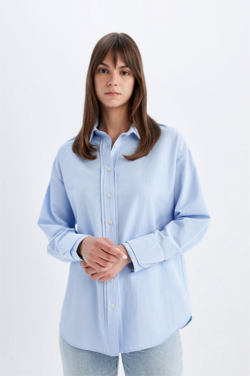 Woman Blue Relax Fit Poplin Long Sleeve Shirt Tunic