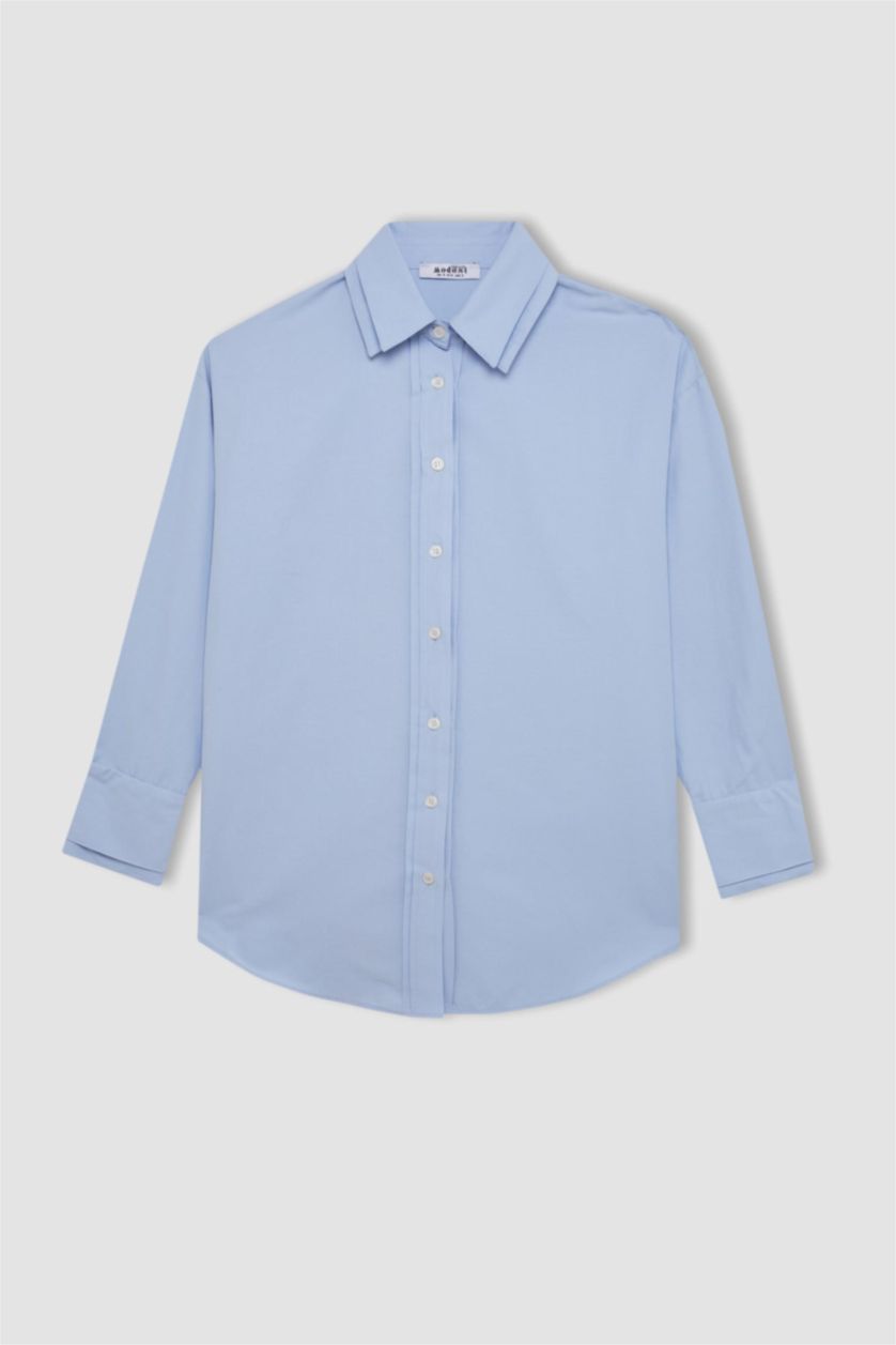 Woman Blue Relax Fit Poplin Long Sleeve Shirt Tunic