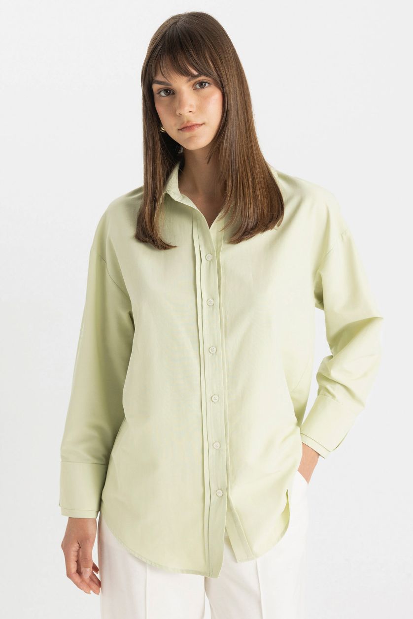 Woman Light Green Relax Fit Poplin Long Sleeve Shirt Tunic