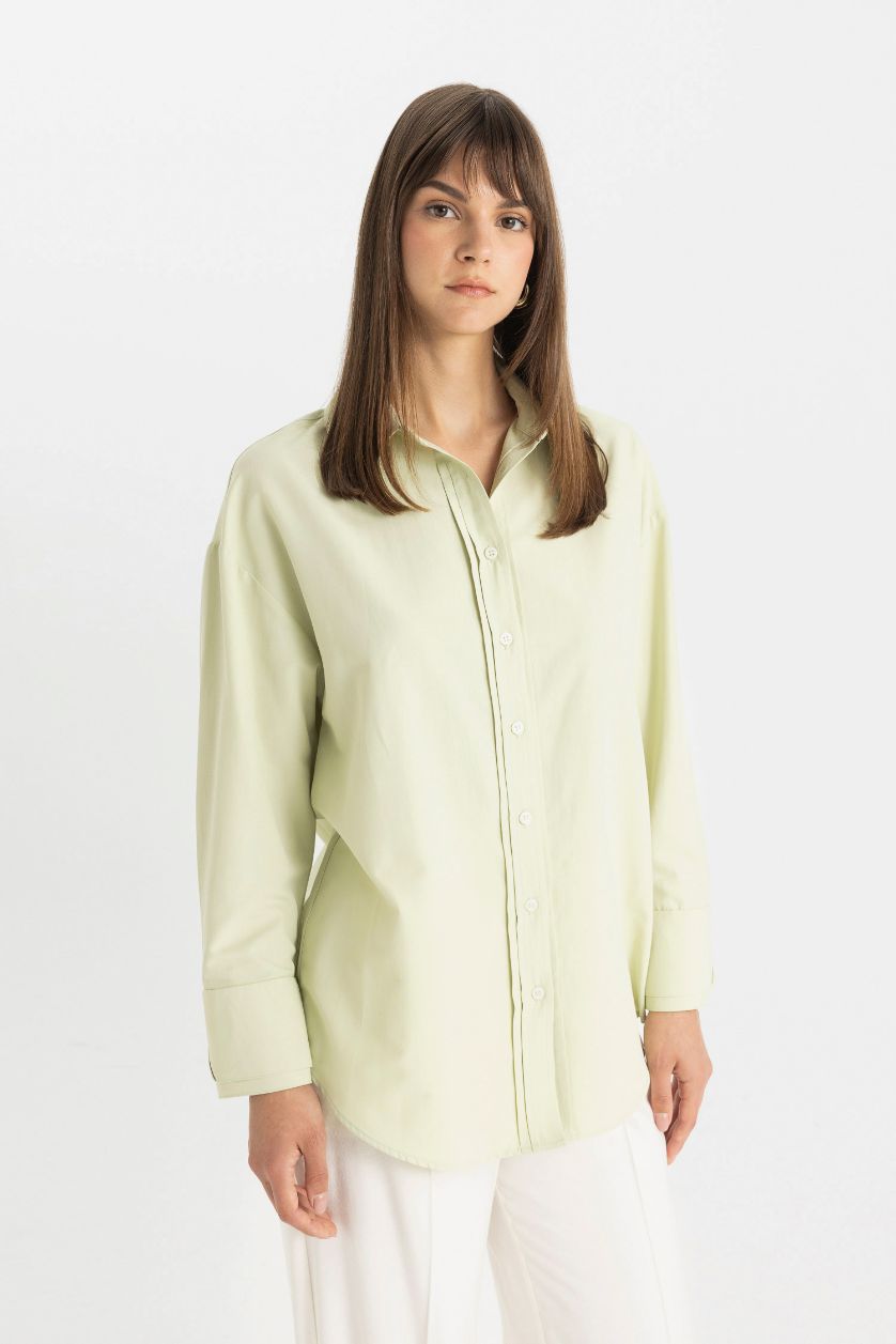 Woman Light Green Relax Fit Poplin Long Sleeve Shirt Tunic