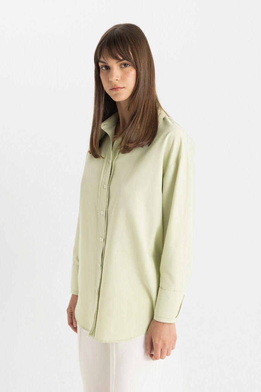 Woman Light Green Relax Fit Poplin Long Sleeve Shirt Tunic