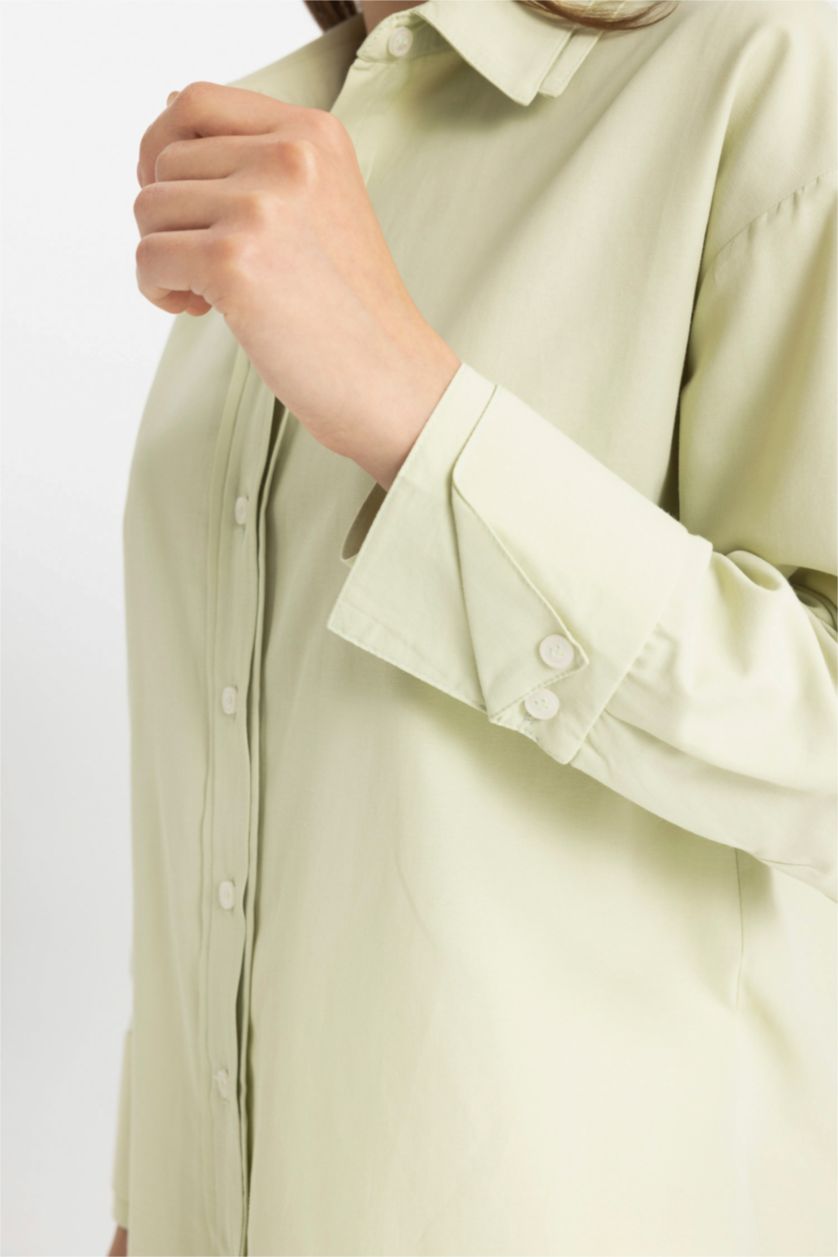 Woman Light Green Relax Fit Poplin Long Sleeve Shirt Tunic