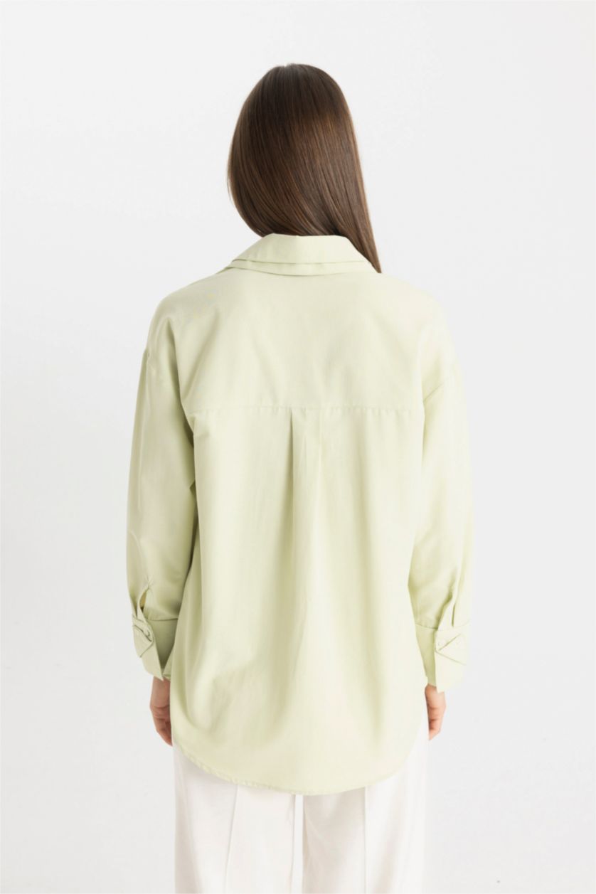 Woman Light Green Relax Fit Poplin Long Sleeve Shirt Tunic