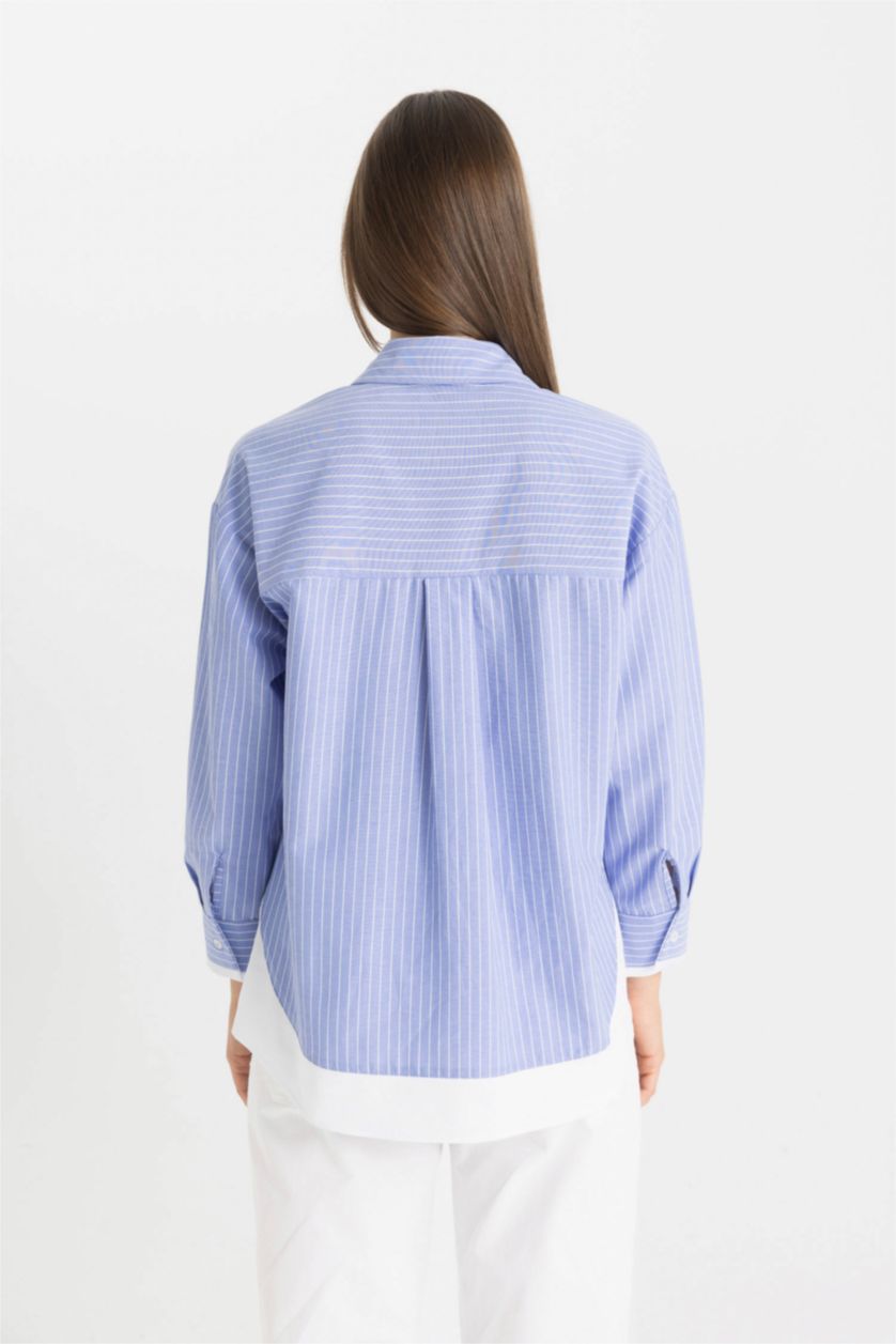 Kadın Mavi Relax Fit Çizgili Poplin Uzun Kollu Tesettür Gömlek Tunik