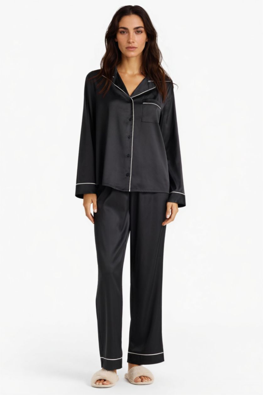 نساء أسود طقم بيجامة من الستان قصة عادية من قطعتين من Fall in Love