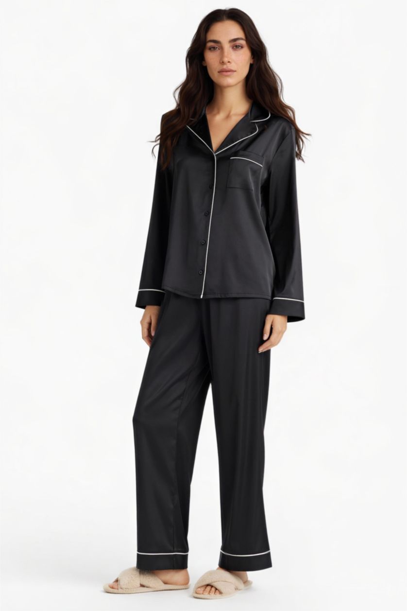 نساء أسود طقم بيجامة من الستان قصة عادية من قطعتين من Fall in Love