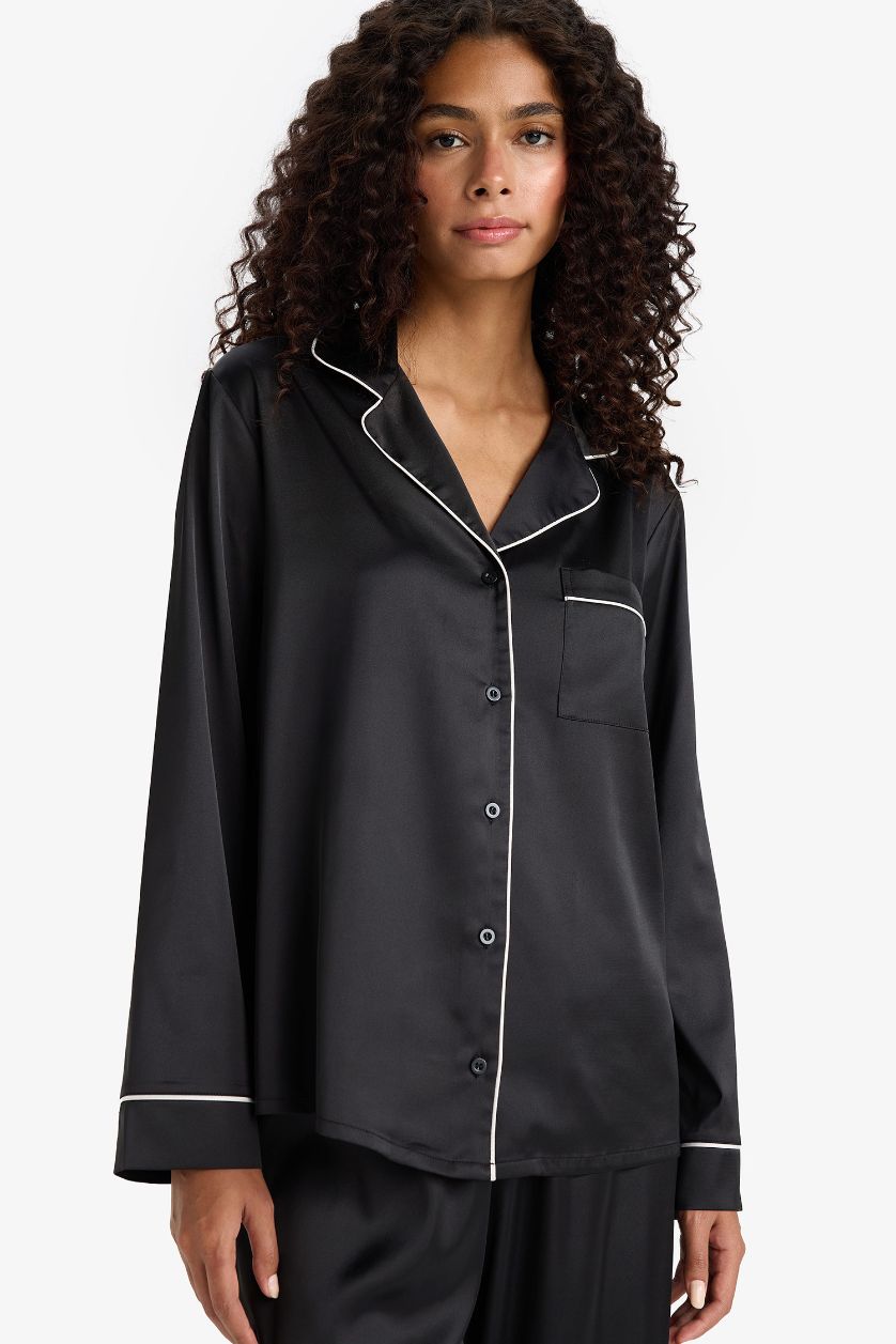 Kadın Siyah Pijama Takımı Regular Fit Saten Uzun Kollu Üst Uzun Alt