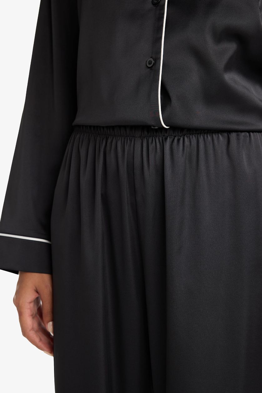 Kadın Siyah Pijama Takımı Regular Fit Saten Uzun Kollu Üst Uzun Alt