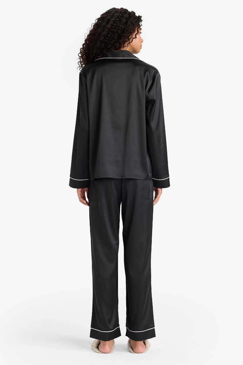 Kadın Siyah Pijama Takımı Regular Fit Saten Uzun Kollu Üst Uzun Alt