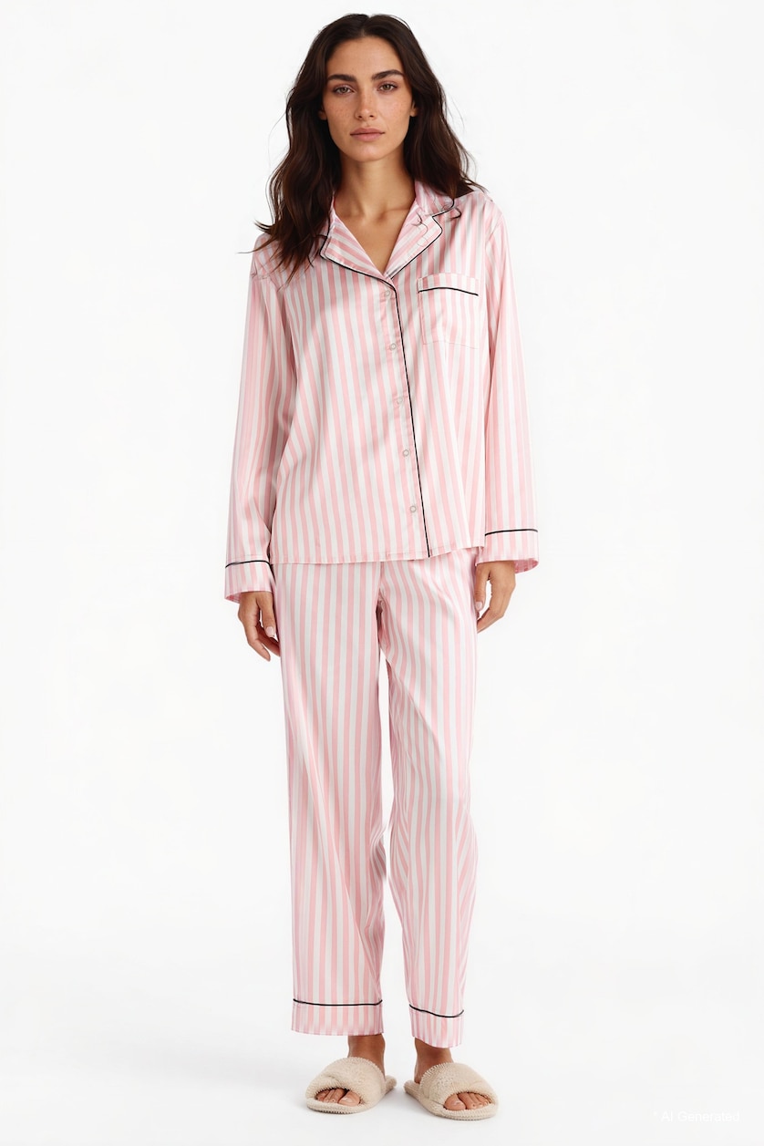 Kadın Pembe Regular Fit Çizgili Saten Pijama Takımı