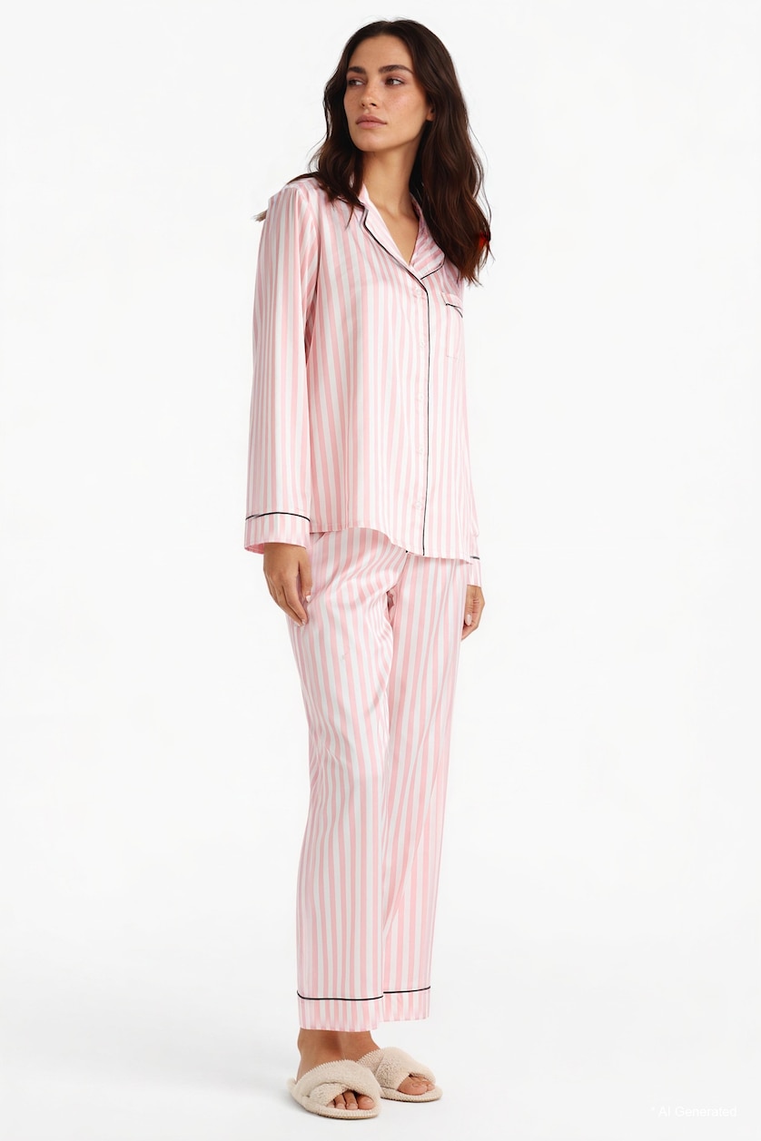 Kadın Pembe Regular Fit Çizgili Saten Pijama Takımı