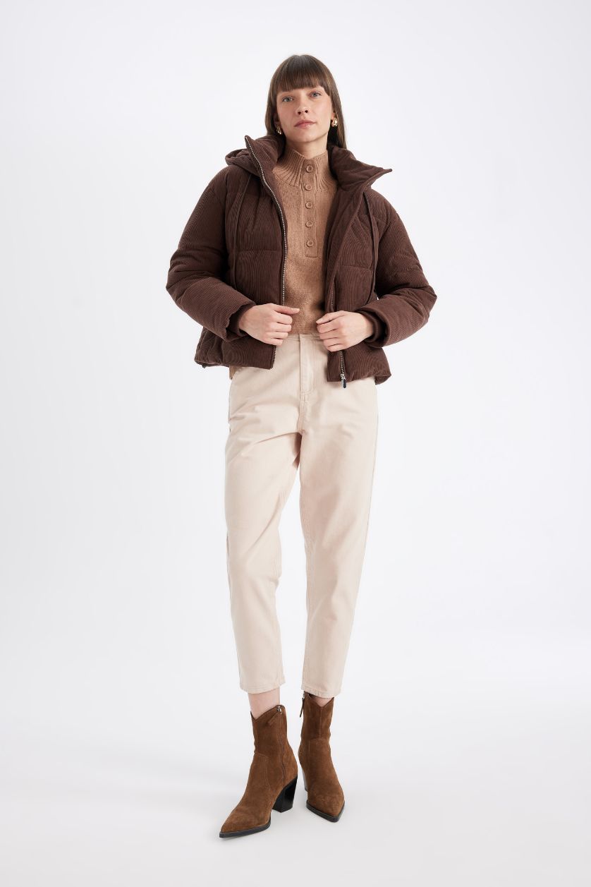 Kadın Kahve Kadife Şişme Mont Kapüşonlu Fermuarlı Cepli