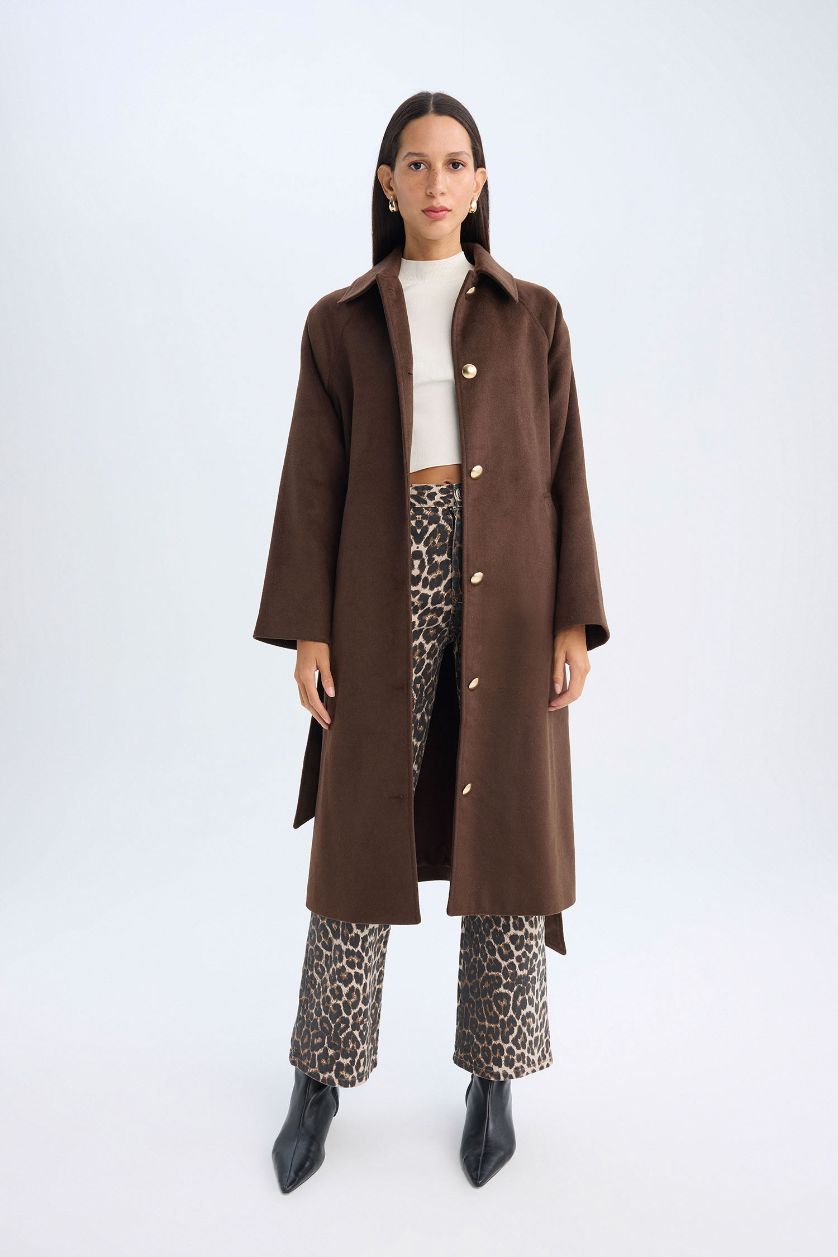 Kadın Kahve Yün Karışımlı Relax Fit Polo Yaka Düğmeli Kemerli Uzun Kaşe Kaban 