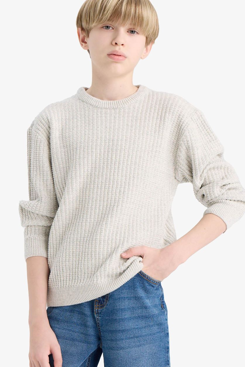 Erkek Çocuk - Genç Erkek Gri Melanj Bisiklet Yaka Triko Kazak Erkek Çocuk