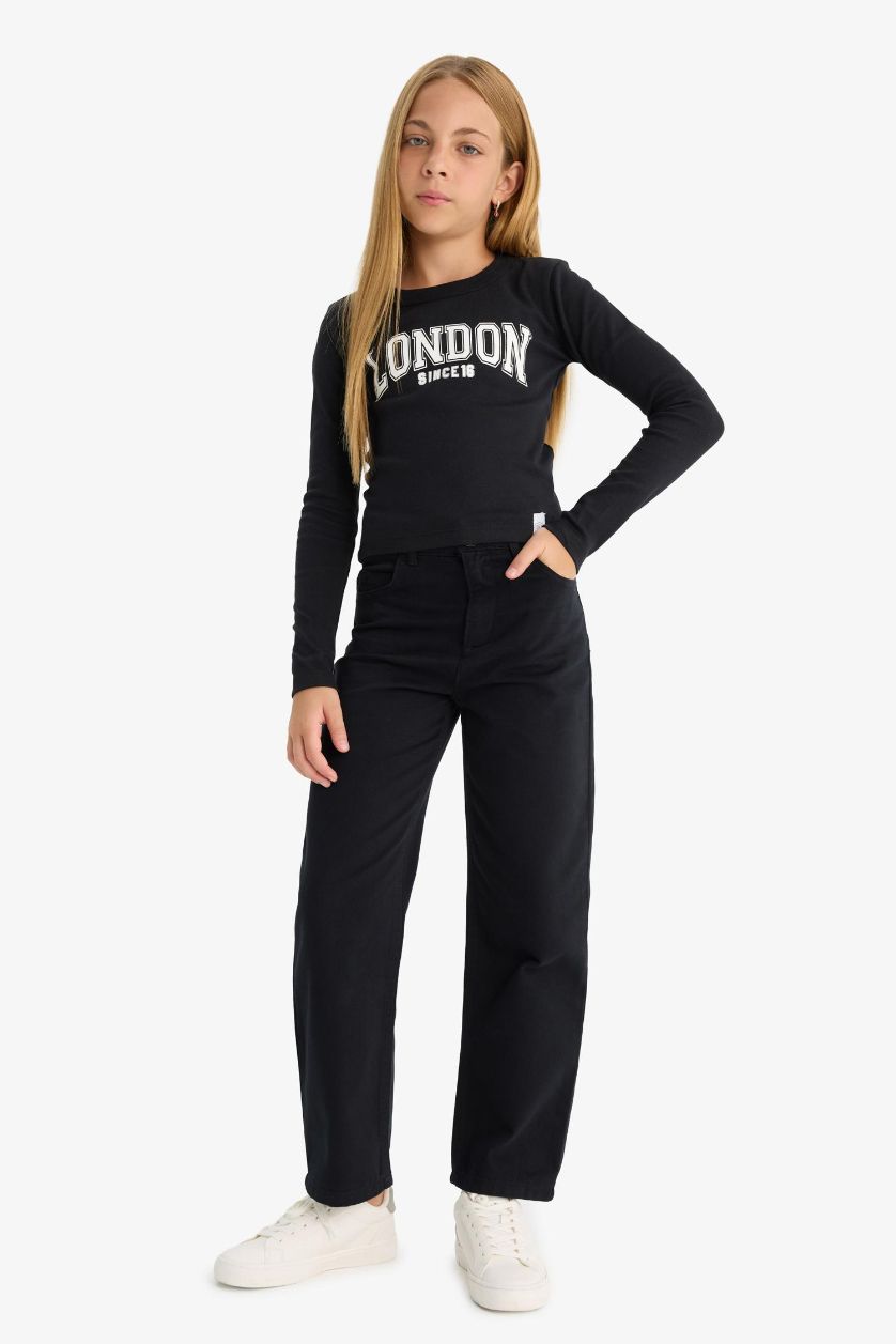FILLES Noir Pantalon en coton ample à poches Coupe droite pour fille