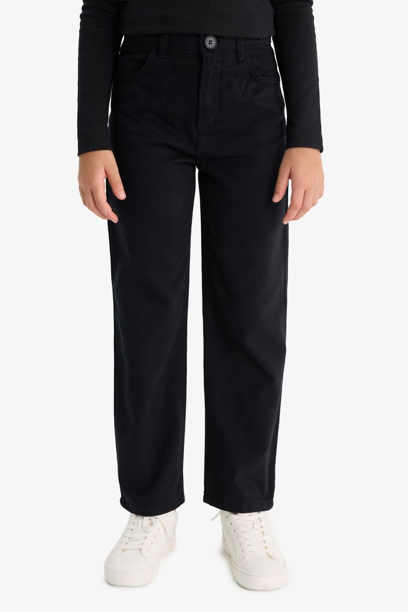 FILLES Noir Pantalon en coton ample à poches Coupe droite pour fille