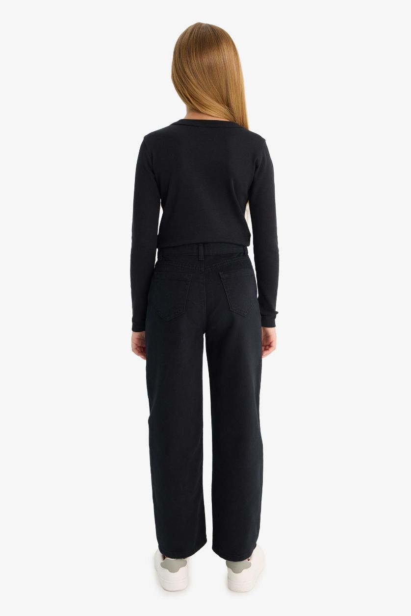 FILLES Noir Pantalon en coton ample à poches Coupe droite pour fille