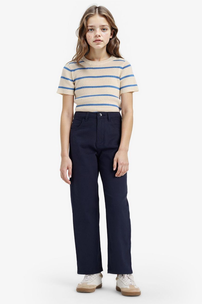 Kız Çocuk - Genç Kız Lacivert Straight Fit Geniş Bol Paça Cepli Pamuklu Okul Pantolonu Kız Çocuk