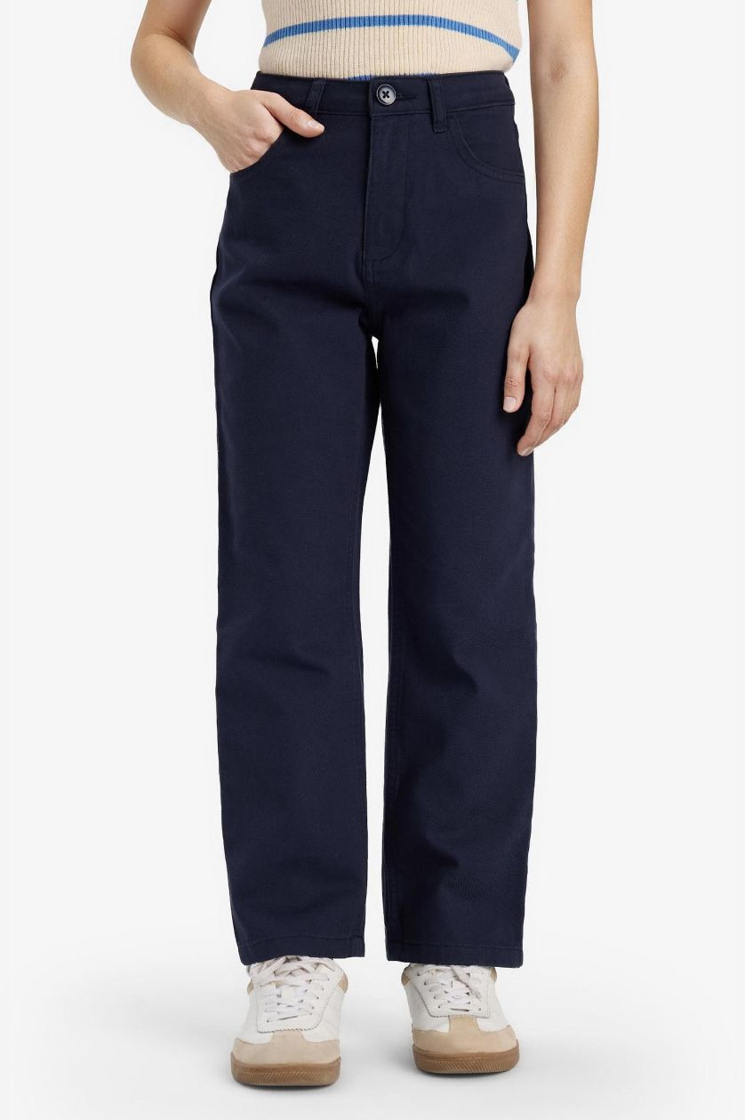 Kız Çocuk - Genç Kız Lacivert Straight Fit Geniş Bol Paça Cepli Pamuklu Okul Pantolonu Kız Çocuk