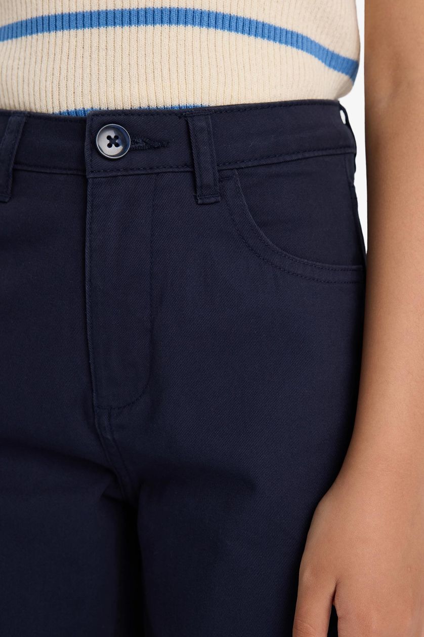 Kız Çocuk - Genç Kız Lacivert Straight Fit Geniş Bol Paça Cepli Pamuklu Okul Pantolonu Kız Çocuk