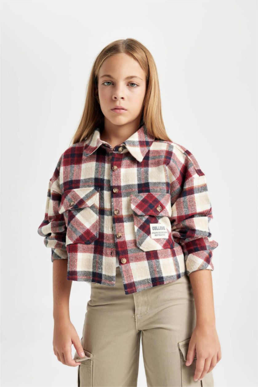 GIRLS & TEENS Red Girl Relax Fit Plaid Long Sleeve Crop Shirt