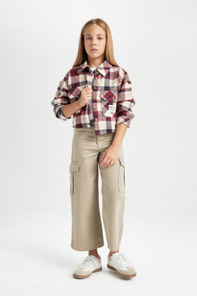 GIRLS & TEENS Red Girl Relax Fit Plaid Long Sleeve Crop Shirt