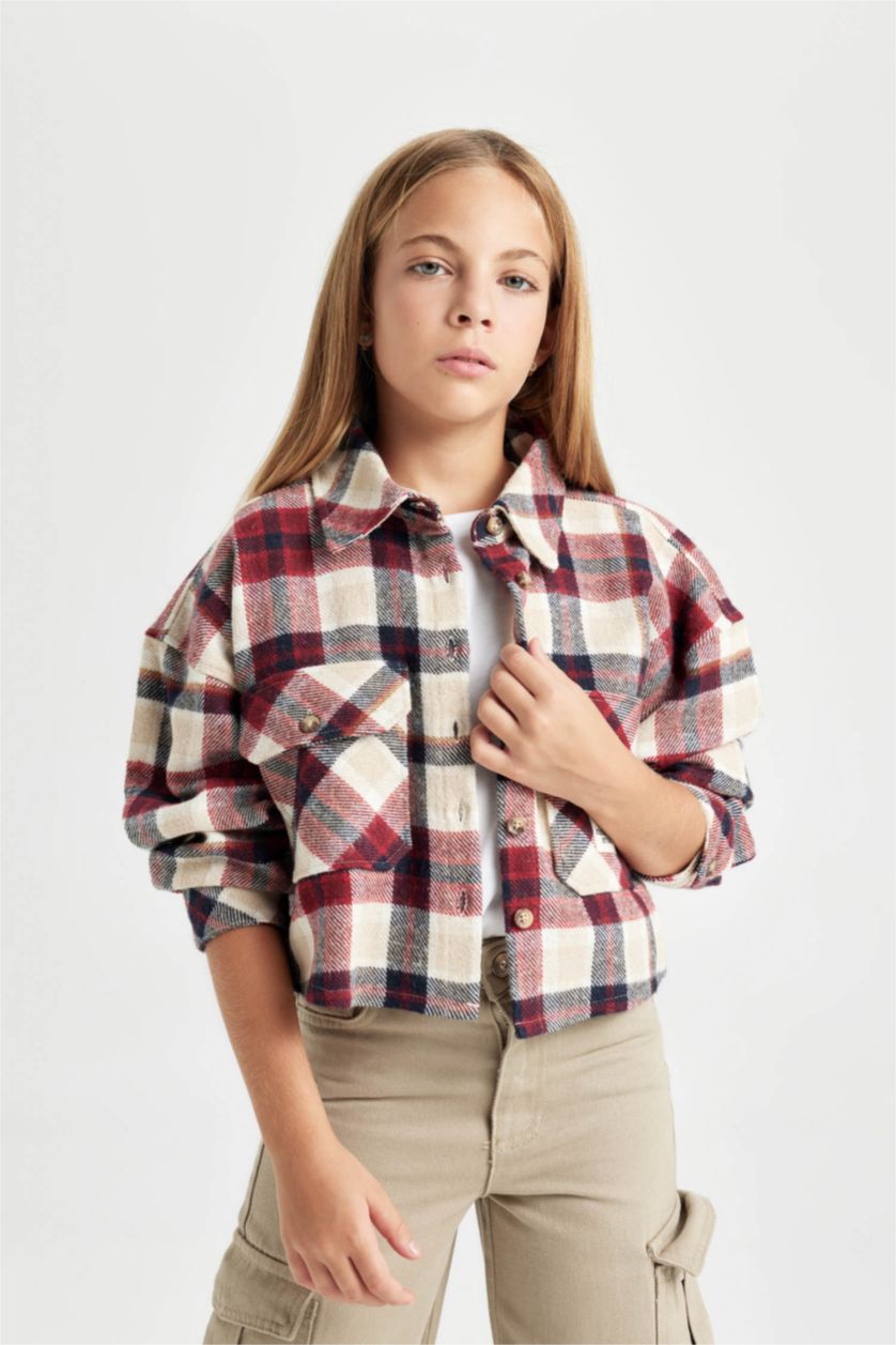 GIRLS & TEENS Red Girl Relax Fit Plaid Long Sleeve Crop Shirt