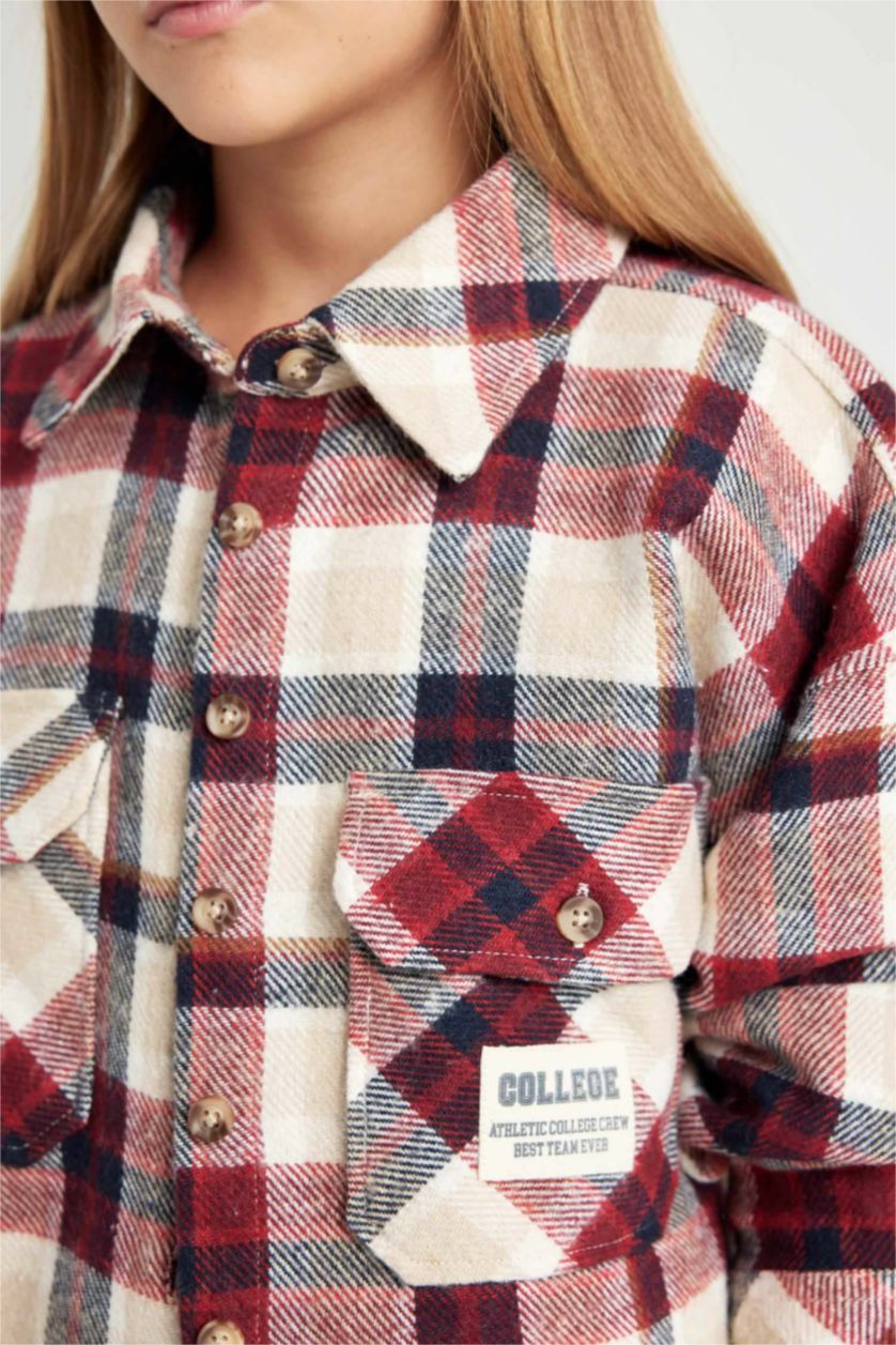 GIRLS & TEENS Red Girl Relax Fit Plaid Long Sleeve Crop Shirt
